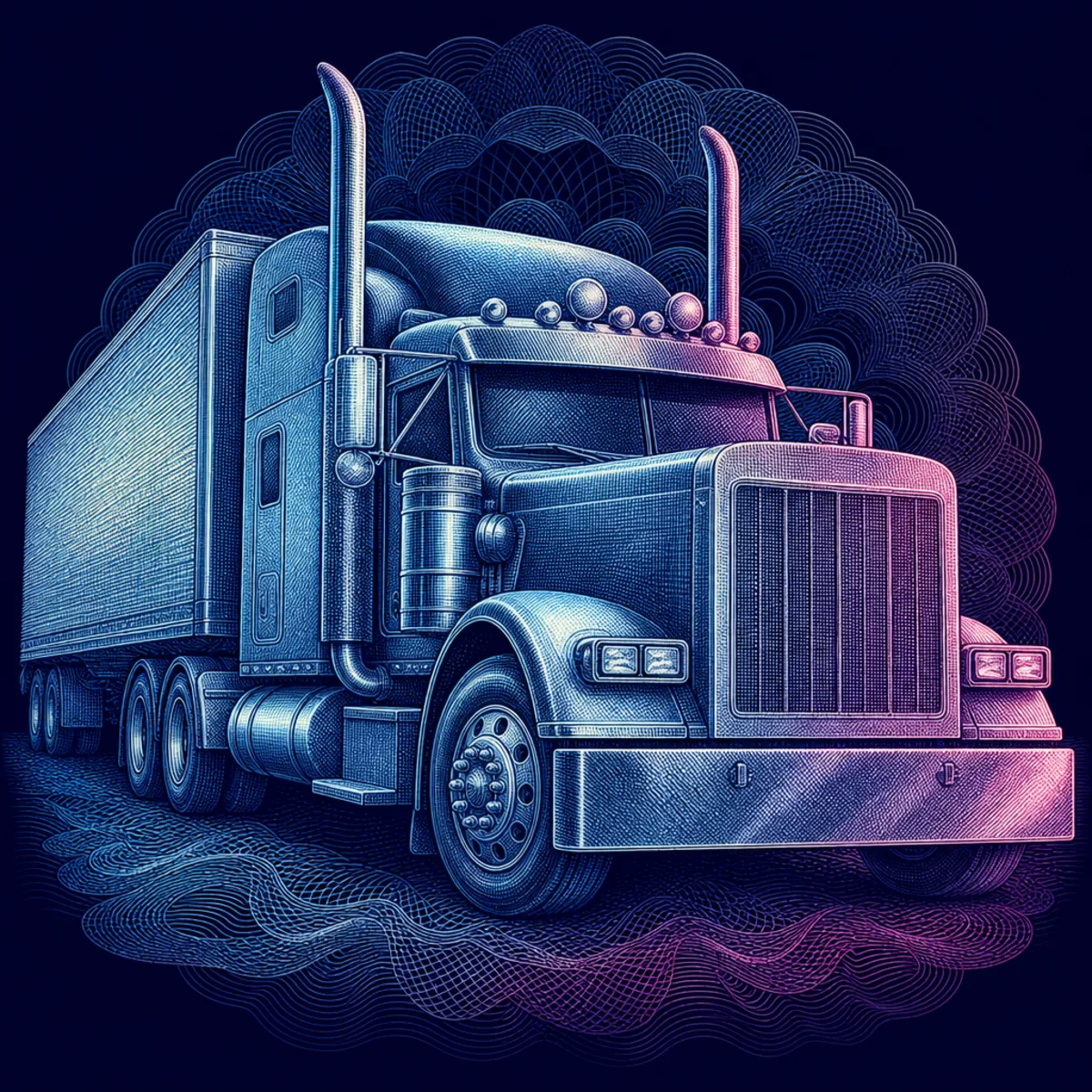 Engraved illustration of an American semi truck